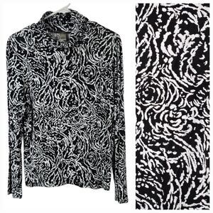 Jillian Nicole Mock Neck Long Sleeve Tee Black & White Abstract Rose Knit Top XL